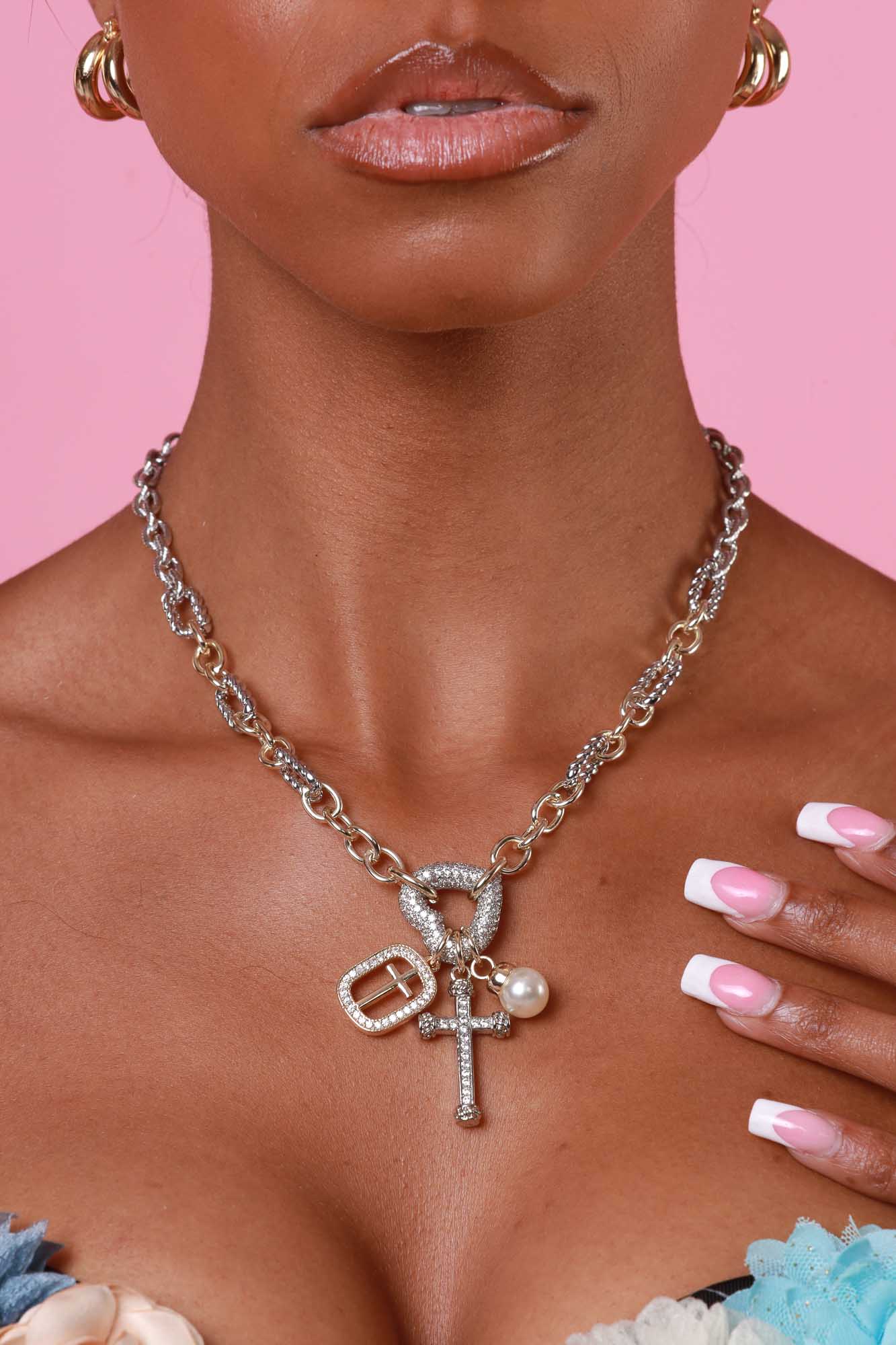 Hard To Get 14K Gold Dipped Two Toned Rhinestone Pave Pendant Necklace