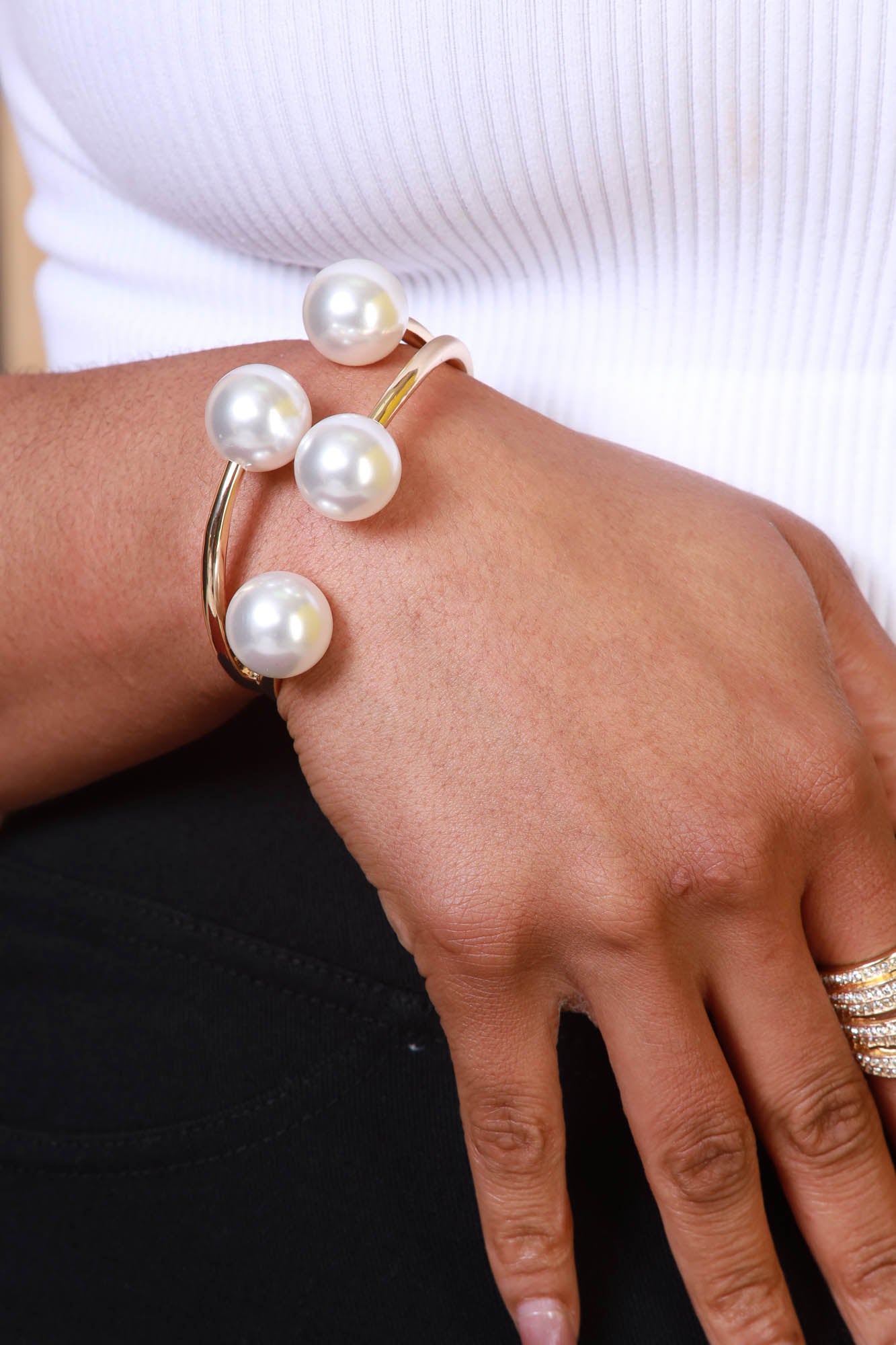 Big Wave Pearl Accent Hinged Cuff Bracelet